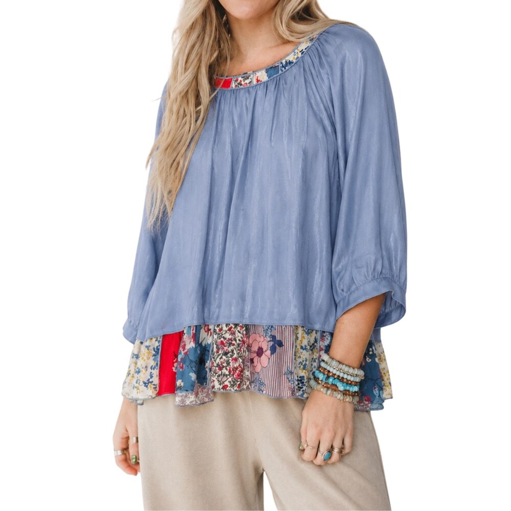 John Mark Blouse Womens Large Satin Blue Patchwork Boho Whimsical Artsy
